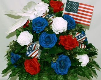 Patriotic-Veterans Artificial Silk Bouquet Cemetery Vase Arrangement-Artificial Flowers for Cemetery Memorial Grave Decoration
