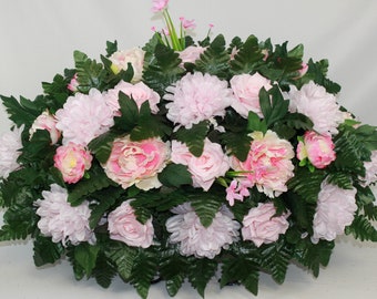 XL Handcrafted  Pink Mums and Peonies Cemeteryvase Flower Arrangement-Artificial Flowers for Gravesite