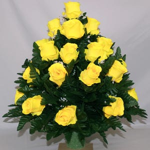 XL Yellow Open Roses 360 Degree Cemetery Vase Flower Arrangement-Grave Decorations-Beautiful Flowers for the Cemetery
