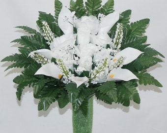 Handcrafted White Roses Cemetery Flower Arrangement for Mausoleum -Memorial Flowers -Grave Decoration-Urn Arrangement