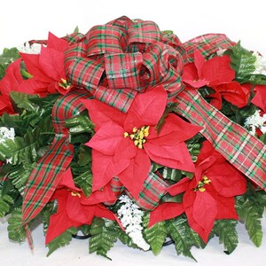 XL Christmas Red Poinsettia Cemetery Saddle Arrangement- Beautiful Cemetery Flowers for Remembrance