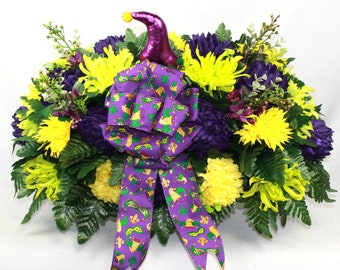 XL Handcrafted Mardi Gras Cemetery Flower Arrangement-Artificial Flowers for Gravesite-Cemetery Headstone Saddle