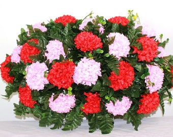 XL Handcrafted Cemetery FlowerArrangement with Red-Pink Carnations-Cemetery Headstone Saddle