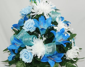 XL Handcrafted 360 Degree Blue Lilies, White Spider Mums, Blue Rose Cemetery Vase Flower Arrangement- Cemetery Flower Grave Decorations