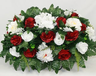 XL Handcrafted White Dalhi's  and Red Roses Cemetery Vase Flower Arrangement-Artificial Flowers for Gravesite