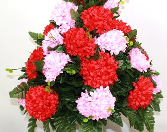 XL Red and White Carnations Cemetery Flower Arrangement- 360 Degree Cemetery Vase