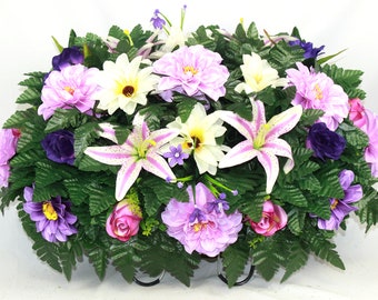 XL Handcrafted Spring Mixture Cemetery Flower Arrangement-Artificial Flowers for Gravesite-Cemetery Headstone Saddle