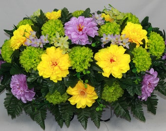 XL Handcrafted Spring Mixture Cemetery Flower Arrangement-Artificial Flowers for Gravesite-Cemetery Headstone Saddle