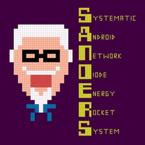 Puede incluir: Una ilustración pixelada de una persona con cabello blanco, gafas y bigote que lleva una camisa azul y corbata. La palabra "SANDERS" está escrita verticalmente en letras amarillas con una palabra diferente al lado de cada letra: "SYSTEMATIC", "ANDROID", "NETWORK", "DIODE", "ENERGY", "ROCKET", "SYSTEM".