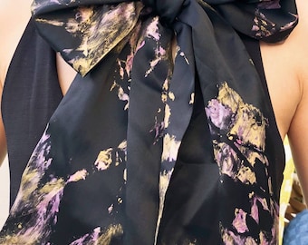 Handmade Handpainted Black Long Silk Scarf One of a kind Limited Edition