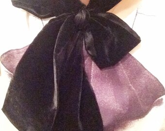 Handmade Black Silk Velvet Skinny Scarf Double Layers Reversible Silk Charmuse and Silk Velvet