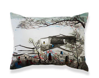 Handmade Silk Decorative Pillow in SU (Chinese) delicate hand embroidered Silk Chinese Village One-of-a-kind Limit Edition