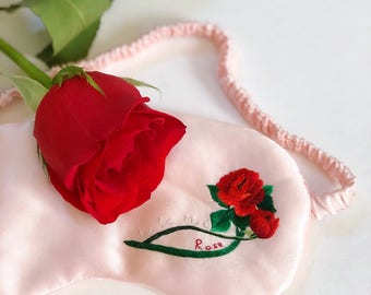 Handmade Silk Sleep Mask - 100% Mulberry Silk Filled and Hand-embroidered ROSE Silk Charmeuse Cover Limit Edition