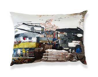 Handmade Silk Decorative Pillow in SU (Chinese) delicate hand embroidered Silk Chinese Town One of a kind Limit Edition