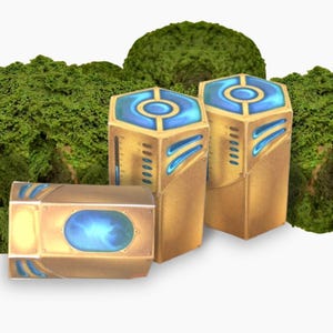 May include: Three gold-colored, hexagonal-shaped, decorative boxes with blue accents. The boxes have a futuristic design and are arranged in a row.