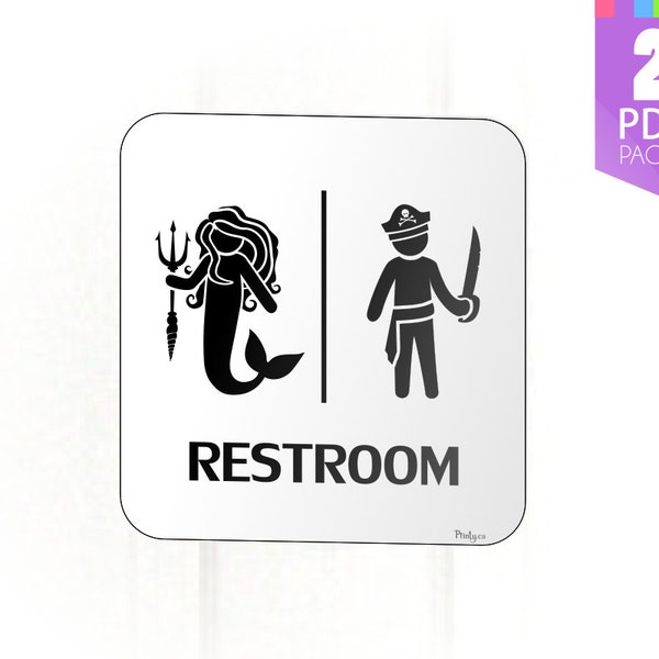 Mermaid and Pirate Bathroom Sign for Birthday Party Decor - High Quality Printable PDF - INSTANT DOWNLOAD