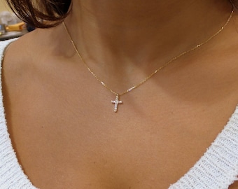 14k Gold Small Diamond Cross Necklace: Layering Minimalist Religious Jewelry