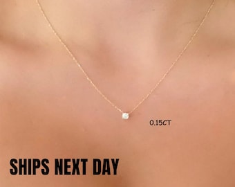 Diamond Necklace / 14k Gold Diamond Necklace / Diamond Solitaire Necklace / Moms Day Diamond Necklace / Bridal Diamond / Floating Diamond