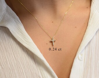 Diamond Cross Pendant Necklace, 14k Gold diamond cross pendant chain, Dainty Religious Jewelry, Baptism, Communion, Confirmation Gift