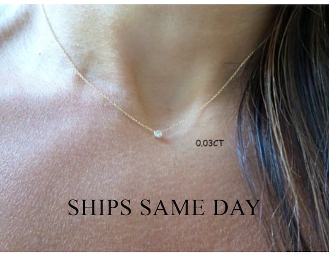 Featured listing image: Mini Diamond Necklace / Diamond Solitaire Necklace 0.03CT / 14K Gold Diamond Bezel Necklace / Gold Diamond Solitaire Necklace /Small Diamond