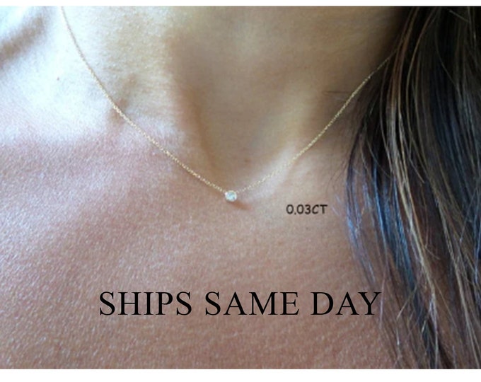 Featured listing image: Mini Diamond Solitaire Necklace / Diamond Solitaire Necklace 0.03CT / 14K Gold Diamond Bezel Necklace / Gold Diamond Necklace /Small Diamond