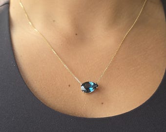 14k Gold London Blue Topaz Necklace • 4.49ct Pear Shape Gemstone Pendant • December Birthstone Jewelry • Natural Blue Topaz Gift