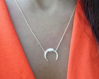 14K Solid Gold Diamond Horn Necklace: Dainty Layering Pendant