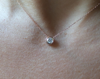 Diamond Solitaire Necklace 0.25 / 14k Rose Gold Bezel Set Diamond Solitaire Necklace / Floating Diamond Solitaire Necklace / Dainty Diamond