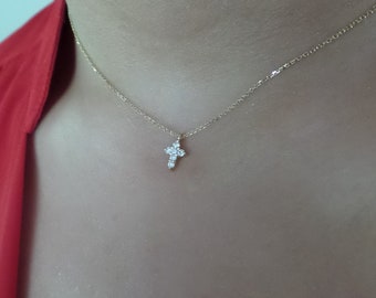 Small Diamond Cross Necklace 0.16ct / 14k Gold Diamond Cross / Mini Diamond Cross / Baptism Gift / Communion / Confirmation / Confirmation /