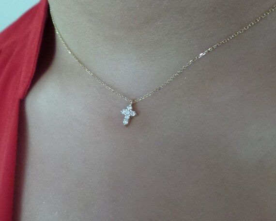 thumbnail interactive-video image 1 of 14k White Gold 0.16 CT Diamond Cross Pendant - SI1 Clarity, G Color - Handmade, USA 1 of 2