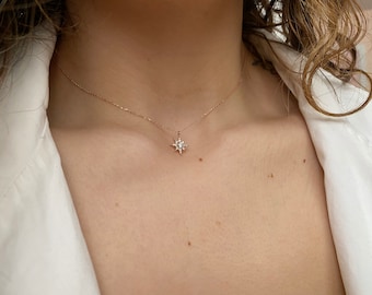Diamond North Star Necklace / Starburst Diamond Necklace / 14k Rose Gold Diamond North Star Necklace /Layering North Star Pendant/Starburst