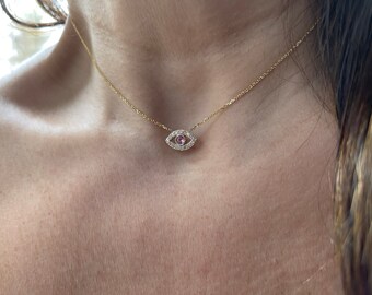 Pink Sapphire Diamond Evil Eye Necklace 0.32CT / 14k Gold Diamond Evil Eye Necklace / Pink Sapphire Diamond  Evil Eye / Layering Evil Eye