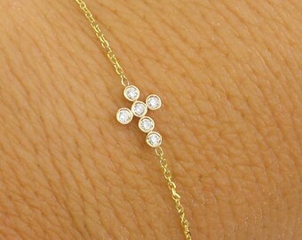 Small Diamond Cross Bracelet / Small Layering Gold Cross / Mini Diamond Cross Bracelet / 14k Communion / Confirmation / Baptism Cross / Grad