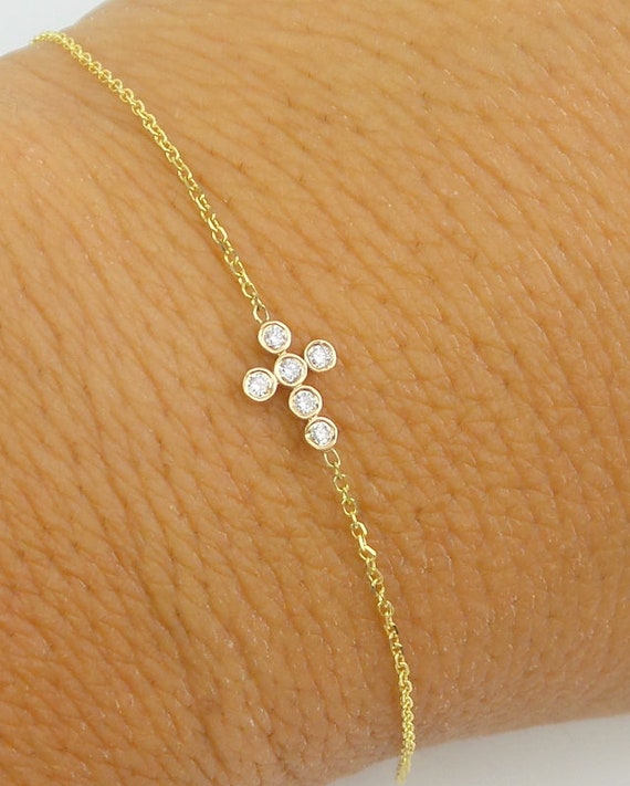 Cavigliera Bracciale Con Croce In Oro Giallo Massiccio 14kt - Gioiello Religioso Artigianale
