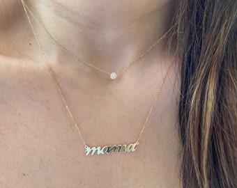 Name Plate Necklace / Mama Necklace / 14k Gold Name Necklace / Personalized Mom Initial Necklace / Custom Name Necklace / Mothers Day