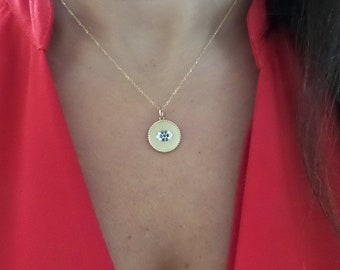 Evil Eye Necklace / 14k Gold Diamond Evil Eye Disc Necklace / Sapphire and Diamond  Evil Eye / Gold Medallion Evil Eye Necklace / Disc