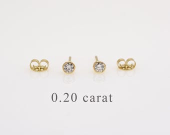 Diamond Solitaire Earrings 0.20cts tcw (pair)  / 14k Solid Gold Diamond Bezel Studs / Round Brilliant Cut Diamond Earrings