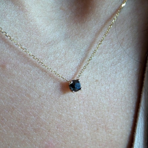 0.6 Carat Natural Black Diamond 6 Prong 14K Black Gold Solitaire Necklace Chain 