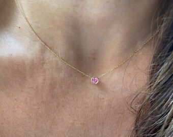 Collar de solitario de zafiro rosa 4MM oro de 14k zafiro rosa