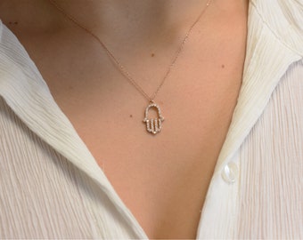 Diamond Hamsa Necklace / 14k Gold Diamond Hamsa Necklace 0.40cts / Gold Diamond Hamsa / Large Diamond Hamsa Necklace / Personalized Hamsa
