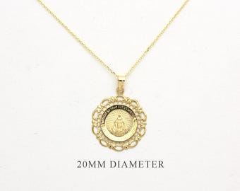 14K Gold Miraculous Medal Necklace: Virgin Mary Filigree Pendant