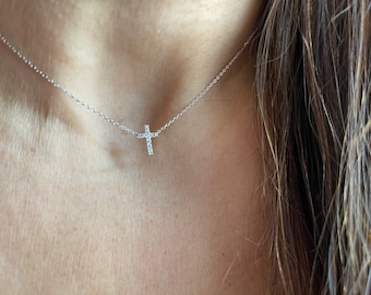Small Diamond Cross Necklace / 14k Gold Diamond Cross / Small Diamond Cross / Sideways Cross /  Baptism Gift / Communion Cross