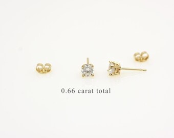 Diamond Stud Earrings 0.66 tcw / 14k Gold Diamond Solitaire Earrings / Small Diamond Earrings / Round  Diamond stud Earrings / Dainty Studs