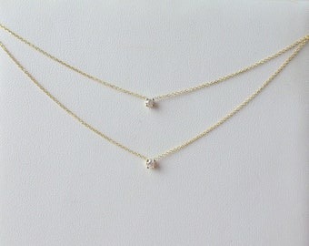 14k Gold Diamond Solitaire Necklace / 14k Gold Layered Diamond Necklace Set / Dainty Diamond Necklace / Diamond Prong Necklace / Bridal Set