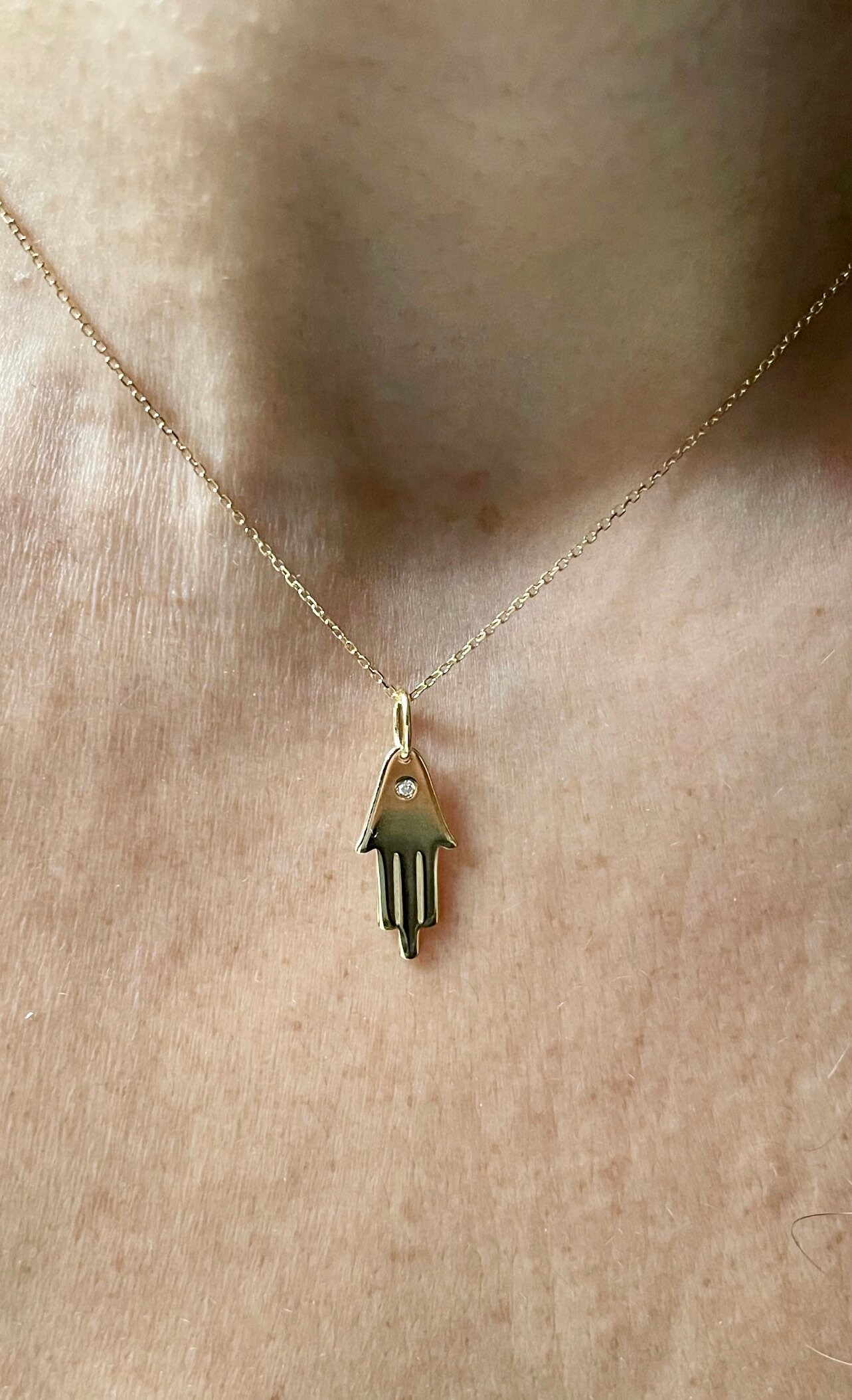 thumbnail image 2 of 9ct Gold On Silver Simulated Diamond Hand Of Hamsa Pendant Necklace – 16-20" Curb Chain, UK Made 2 of 4