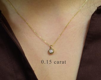 Diamond Bezel Solitaire Necklace, 0.15 carat Diamond Pendant, Dainty Gold Diamond Necklace, Minimalist Jewelry, Bridesmaid, Everyday Jewelry