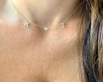 Diamond Initial Heart Necklace / Diamond Heart Initial Necklace / 14k Gold Initial Heart Necklace / Mini Heart Initial Diamond Necklace