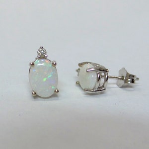 Opal Diamond Earrings/ 14k Natural Opal 1.21 ct Earrings With a 0.04 ct Diamond/ 14k Gold Natural Opal Earrings