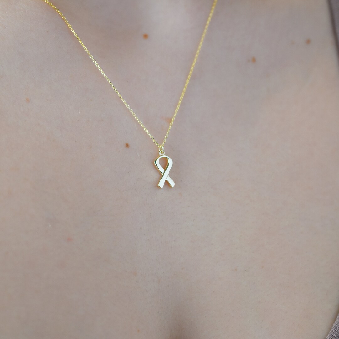 Breast Cancer Ribbon Necklace / 14K Pink Ribbon Necklace / Survivor Necklace / Breast Cancer