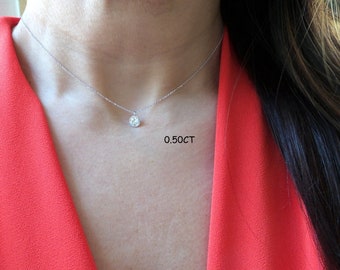 Diamond Necklace / 14k White Gold Diamond Necklace 0.50ct / Floating Diamond Solitaire Necklace / Bezel Set Solitaire / Bridal Necklace